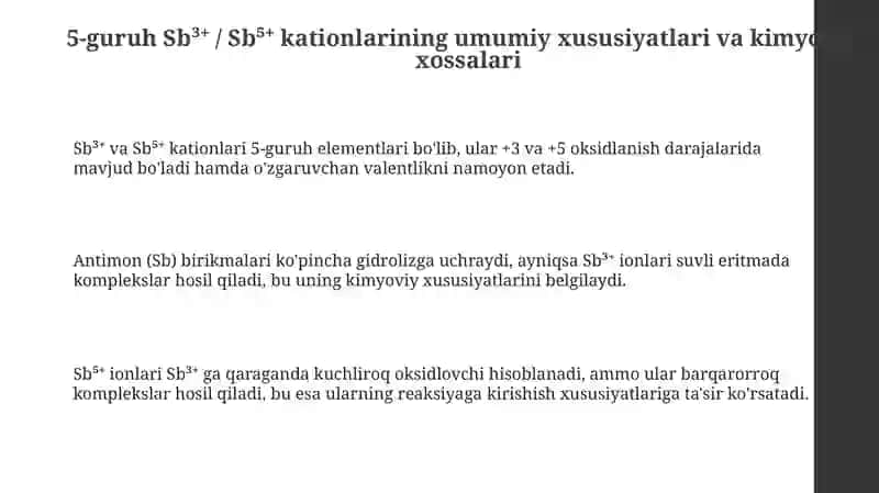 5 guruh Sb³⁺ / Sb⁵⁺ kationlarini tibbiyotda qoʻllanilishi va analitik reaksiyalari 3