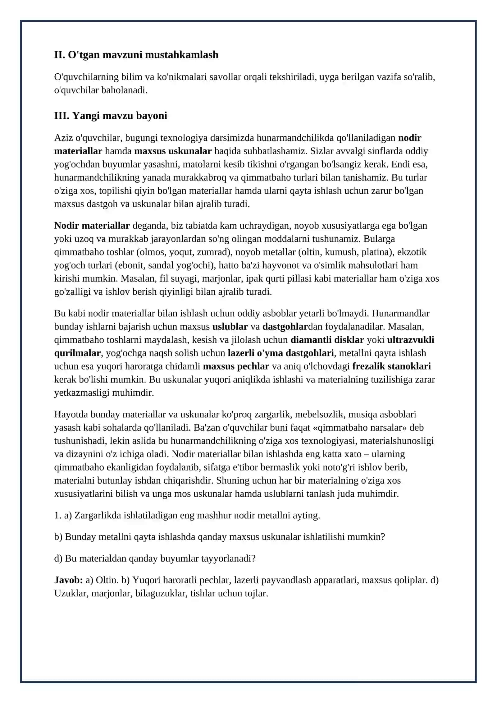 Lesson on Hunarmandchilikda foydalaniladigan nodir materiallar va asbob uskunalar 3