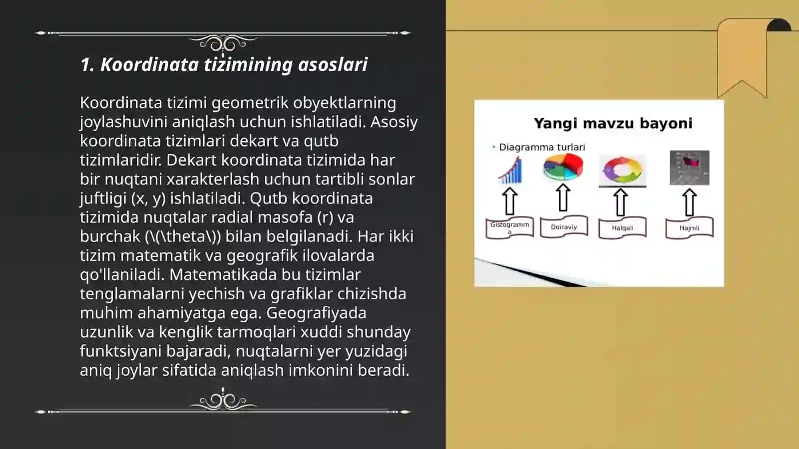 Koordinata burchagi, sodda grafiklar,diagrammalar, jadvallar, simmetriya 3