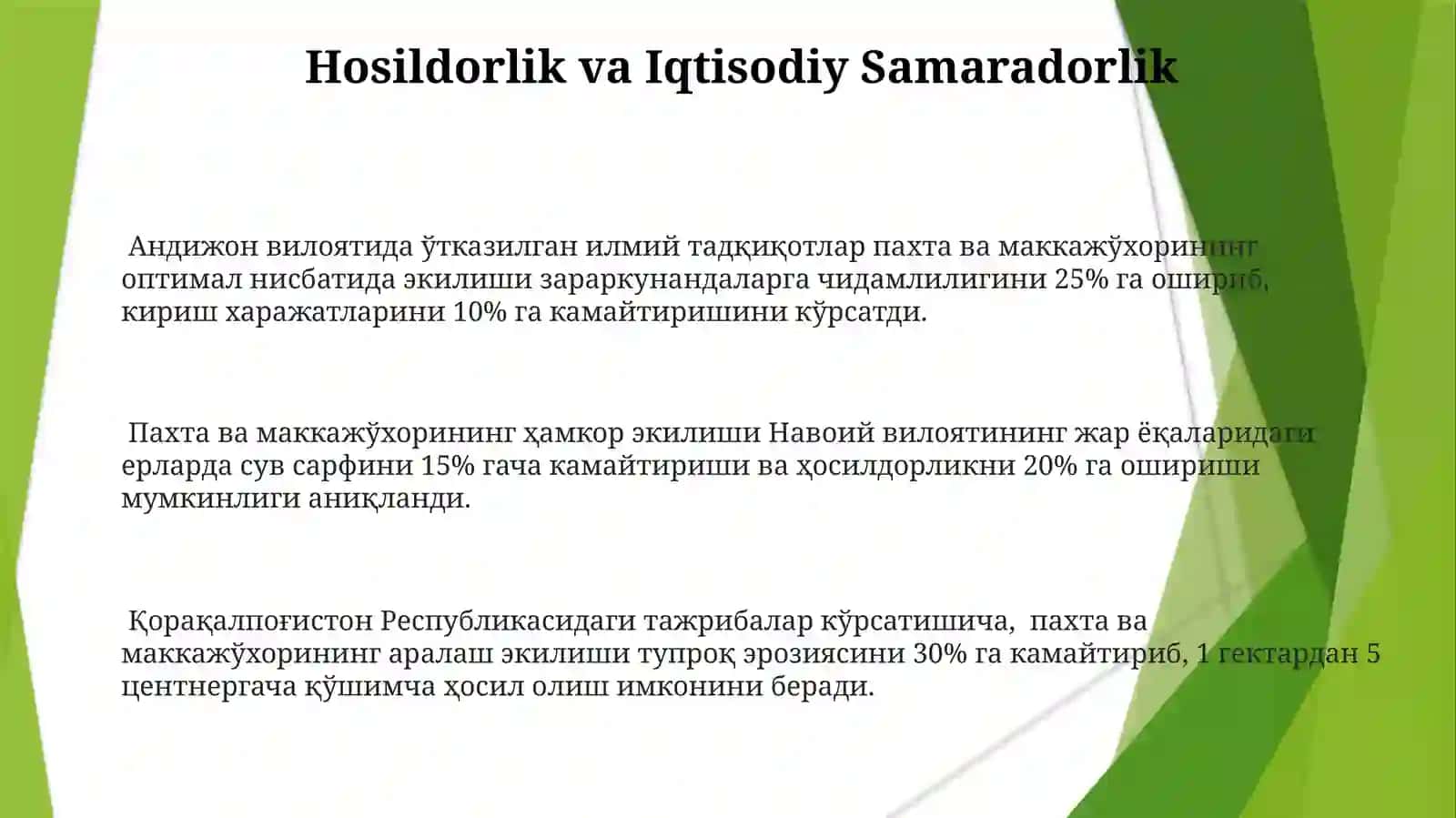 Paxta va Makkajoʻxori Birgalikda Ekishning Iqtisodiy Samaraliligi 3