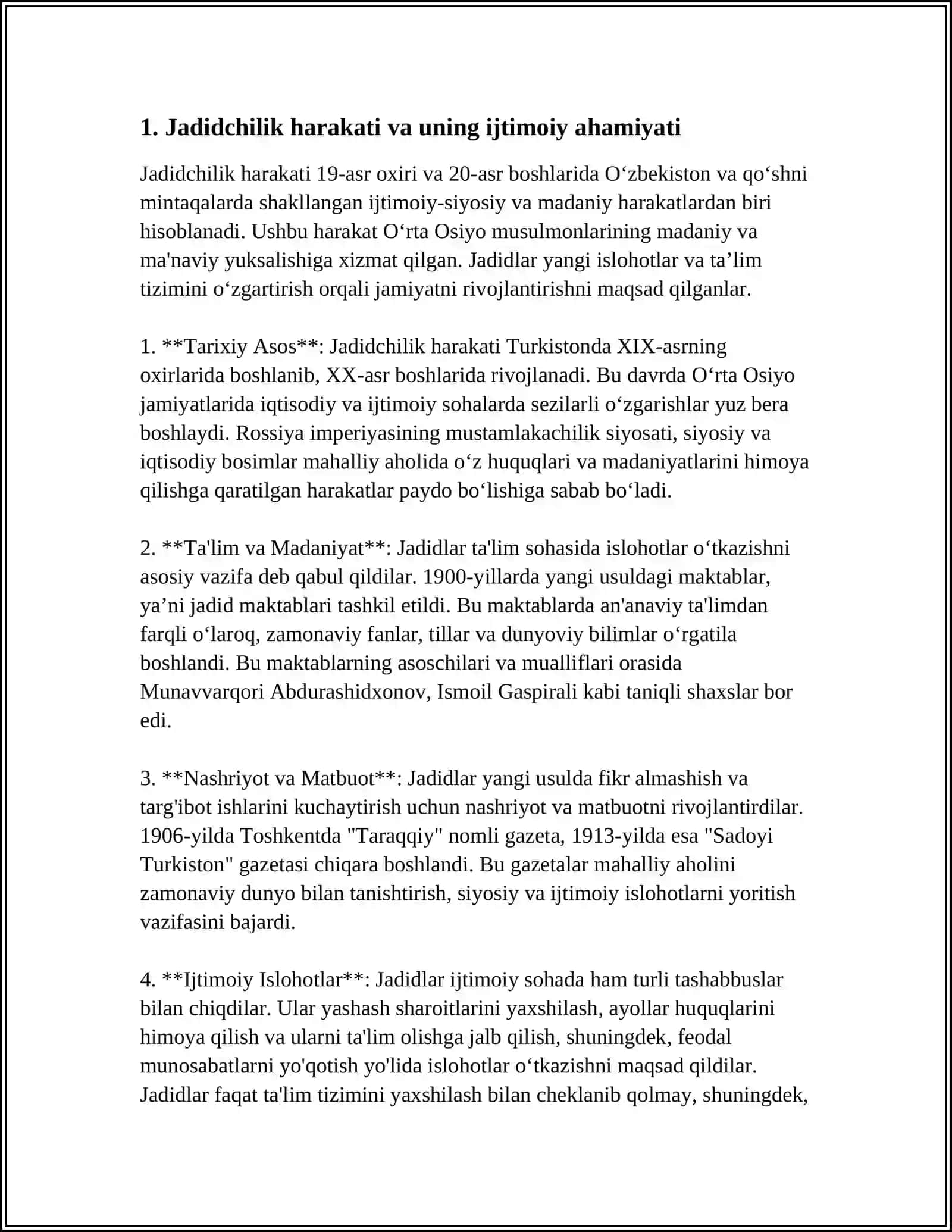 JADID MA'RIFAT PARVARLARINING O'LKA IJTIMOIY MANAVIY HAYOTIDA TUTGAN O'RNI. (MUNAVVAR QORI, FITRAT BEHBUDIY, AVLONIY VA BOSHQALAR) 3