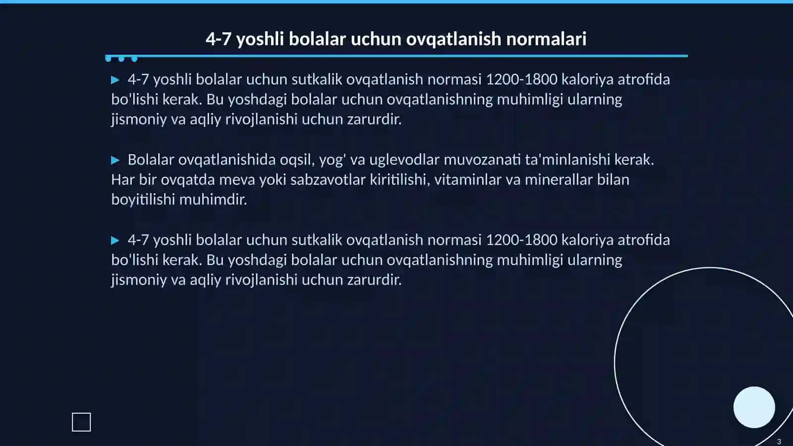 Umumtaʼlim maktabgacha taʼlim muassasalarida 4-7 yoshli bolalarning oʻrtacha sutkalik ovqatlanish normalari 3