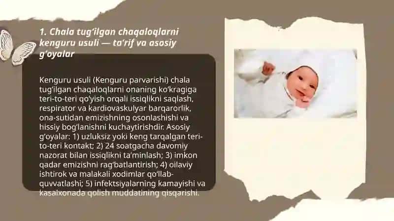 Chala tugʻilgan chaqaloqlarni kenguru usuli — taʼrif va asosiy gʻoyalar 3