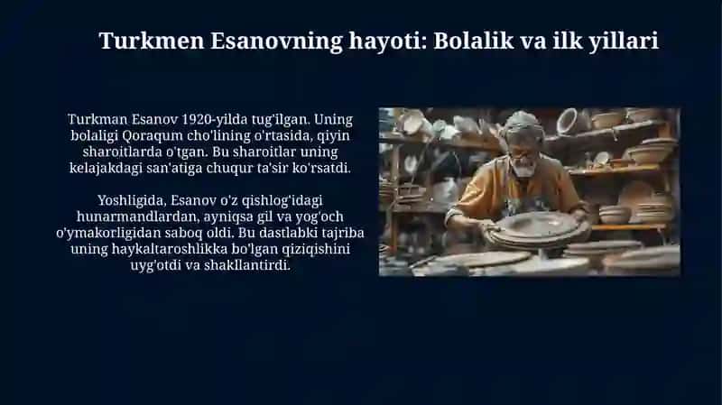Haykaltarosh Turkman Esanov hayoti va ijodi 3