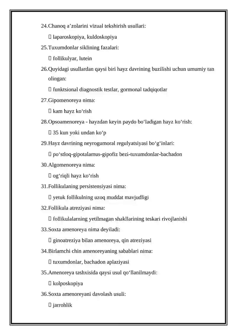 Bolalar va oʻsmir qizlar ginekologiyasi mutaxassisligi boʻyicha shakllantirilgan test savollari roʻyxati 3
