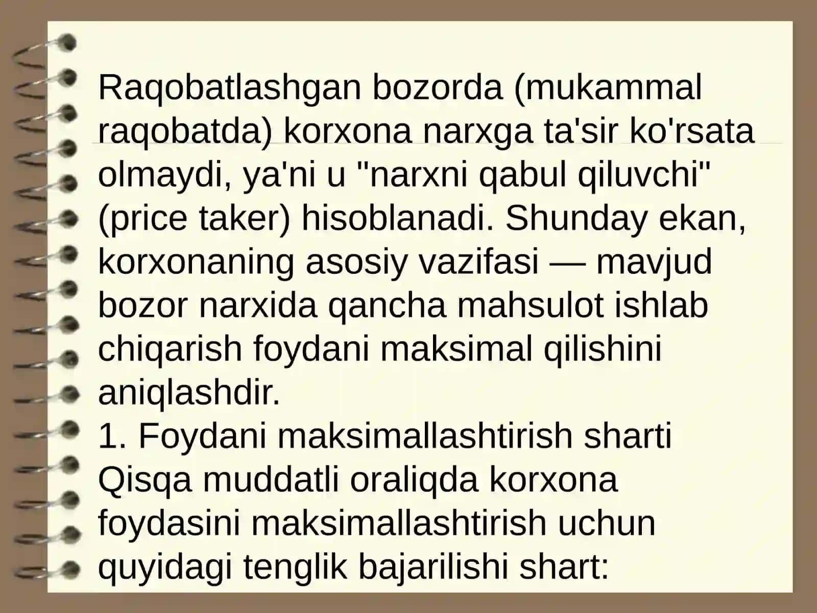 Raqobatlashgan bozorda qisqa mudatli oraliqda korxona foydasini mqksimallashtirish, korxona taklifi 3