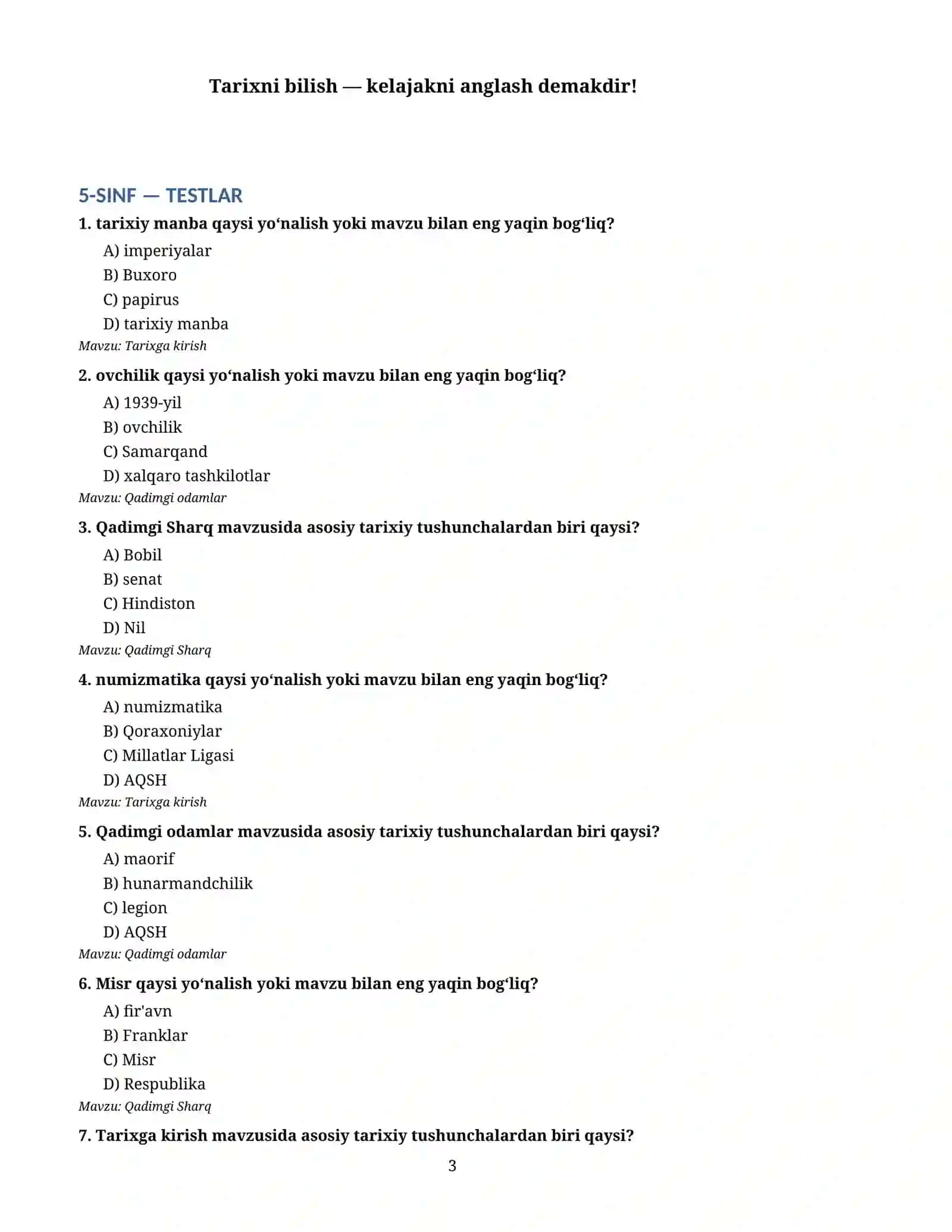 📚"Umumiy tarix — 1000 ta test | 5–11-sinflar | PDF + Word" 3