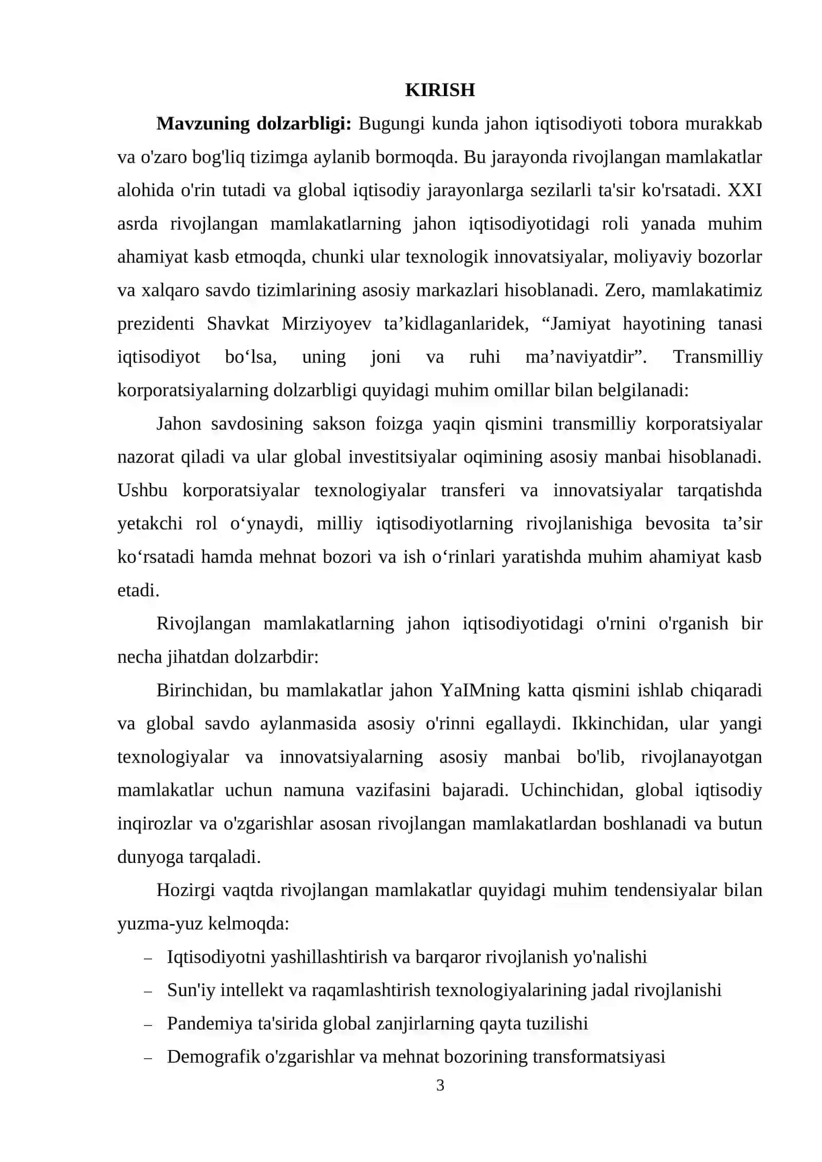 RIVOJLANGAN MAMLAKATLARNING JAHON IQTISODIYOTIDA TUTGAN O’RNI 3