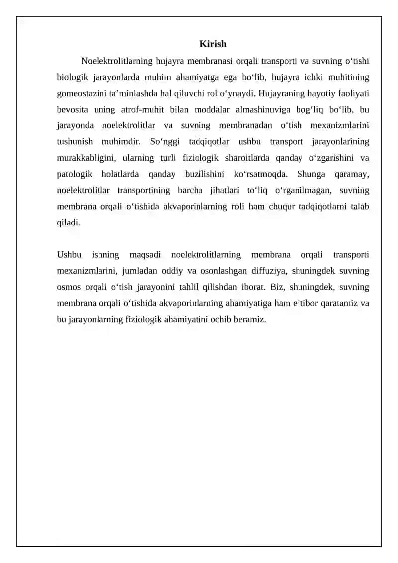 Noelektrolitlarning transporti; suvning membranadan o‘tishi 3