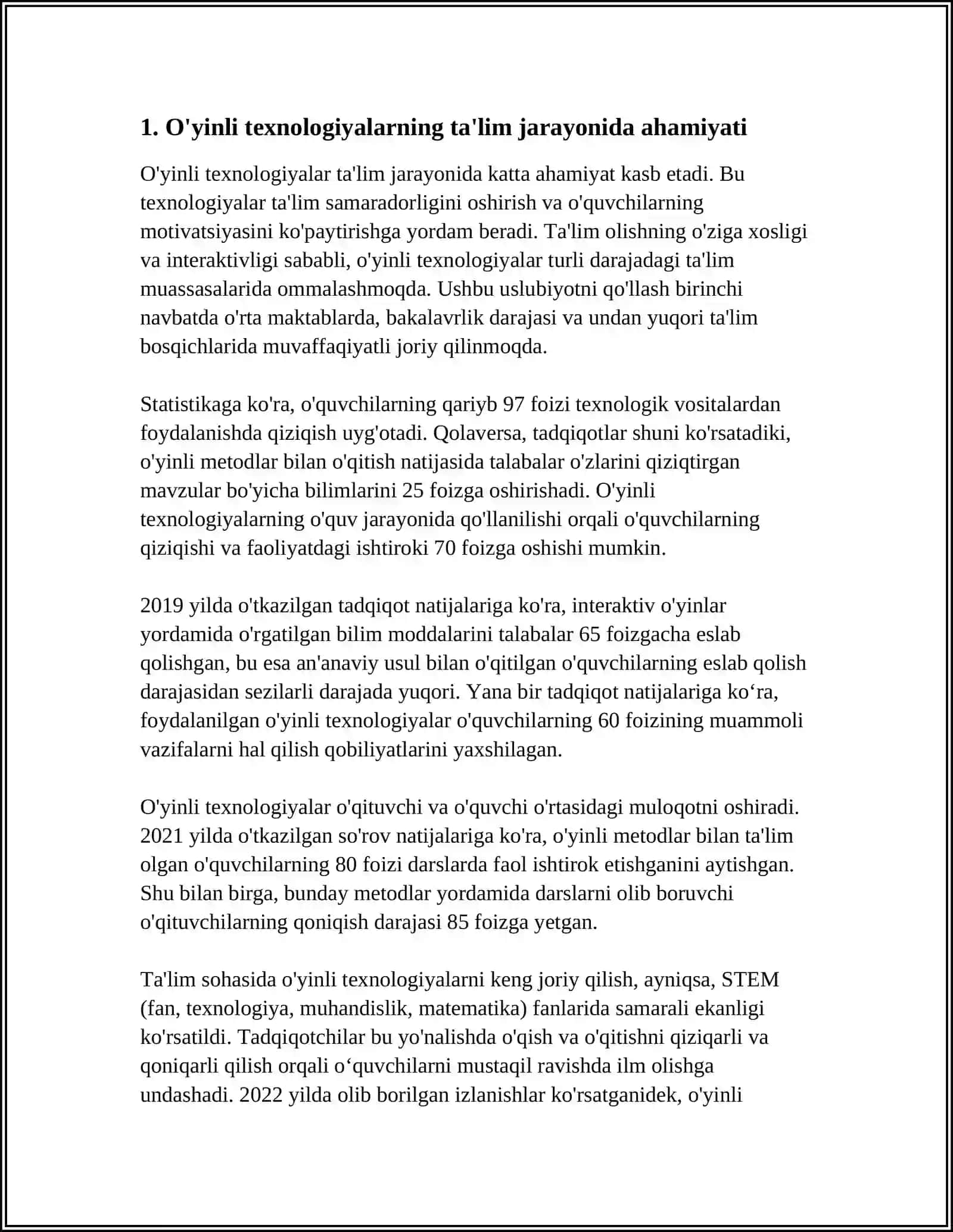 MUSTAQIL ISH Mavzu: TA'LIM JARAYONIDA O'YINLI TEXNOLOGIYALARDAN FOYDALANISH 3