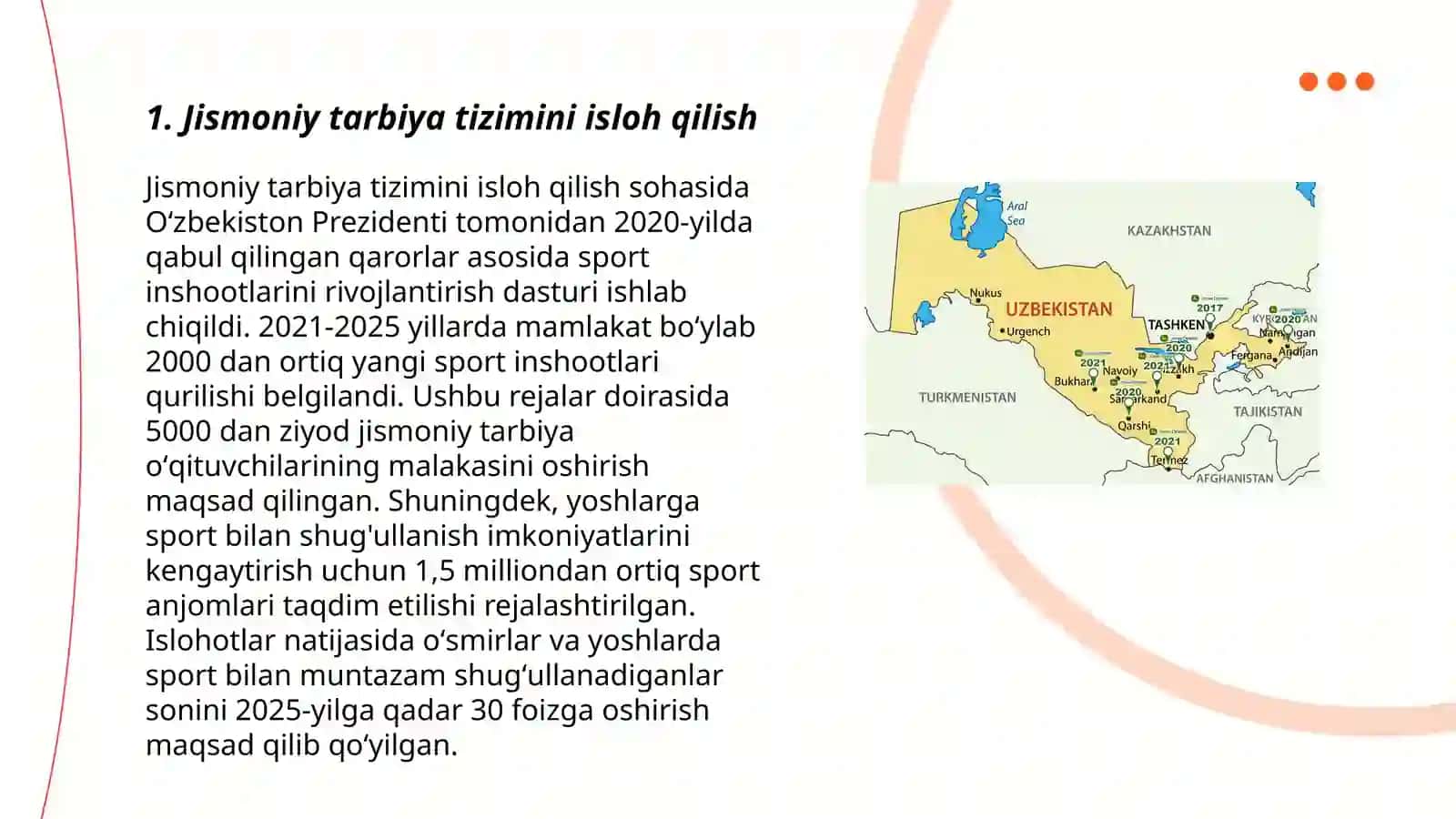 O'zbekiston Respublikasida jismoniy tarbiya va sportning rivojlanishi ULUG’HADJAYEV ABDULBOSIT MIRZAXMEDOVA RUXSHONA 3