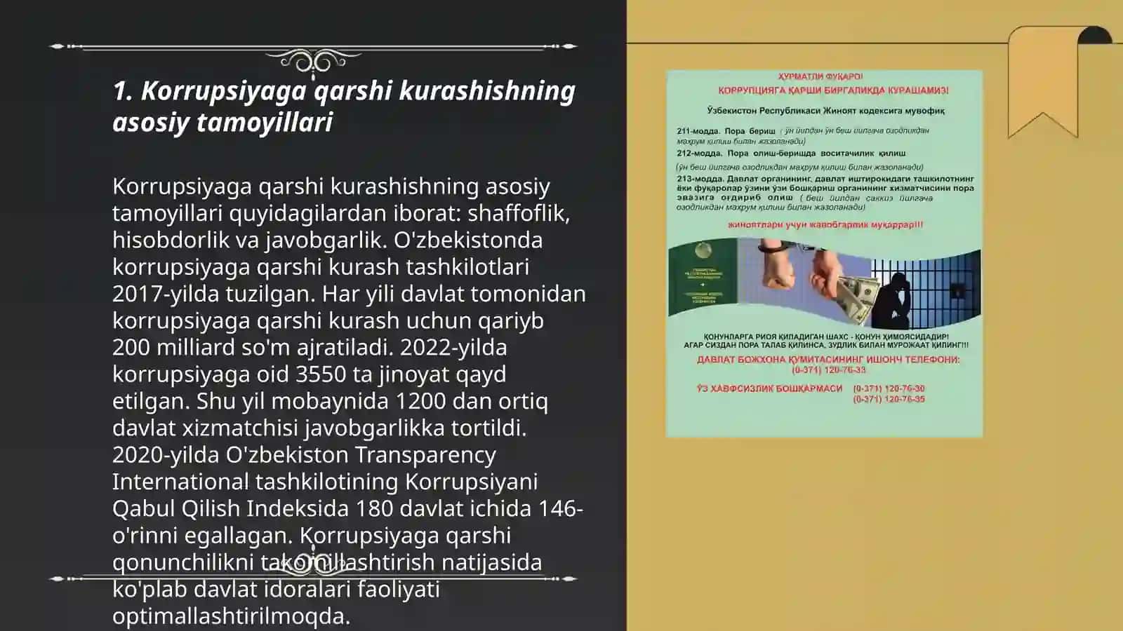 Korrupsiyaga qarshi kurashish to‘g‘risidagi qonunchilik.Korrupsiyaga qarshi kurashish sohasidagi davlat dasturlari va boshqa dasturlar 3