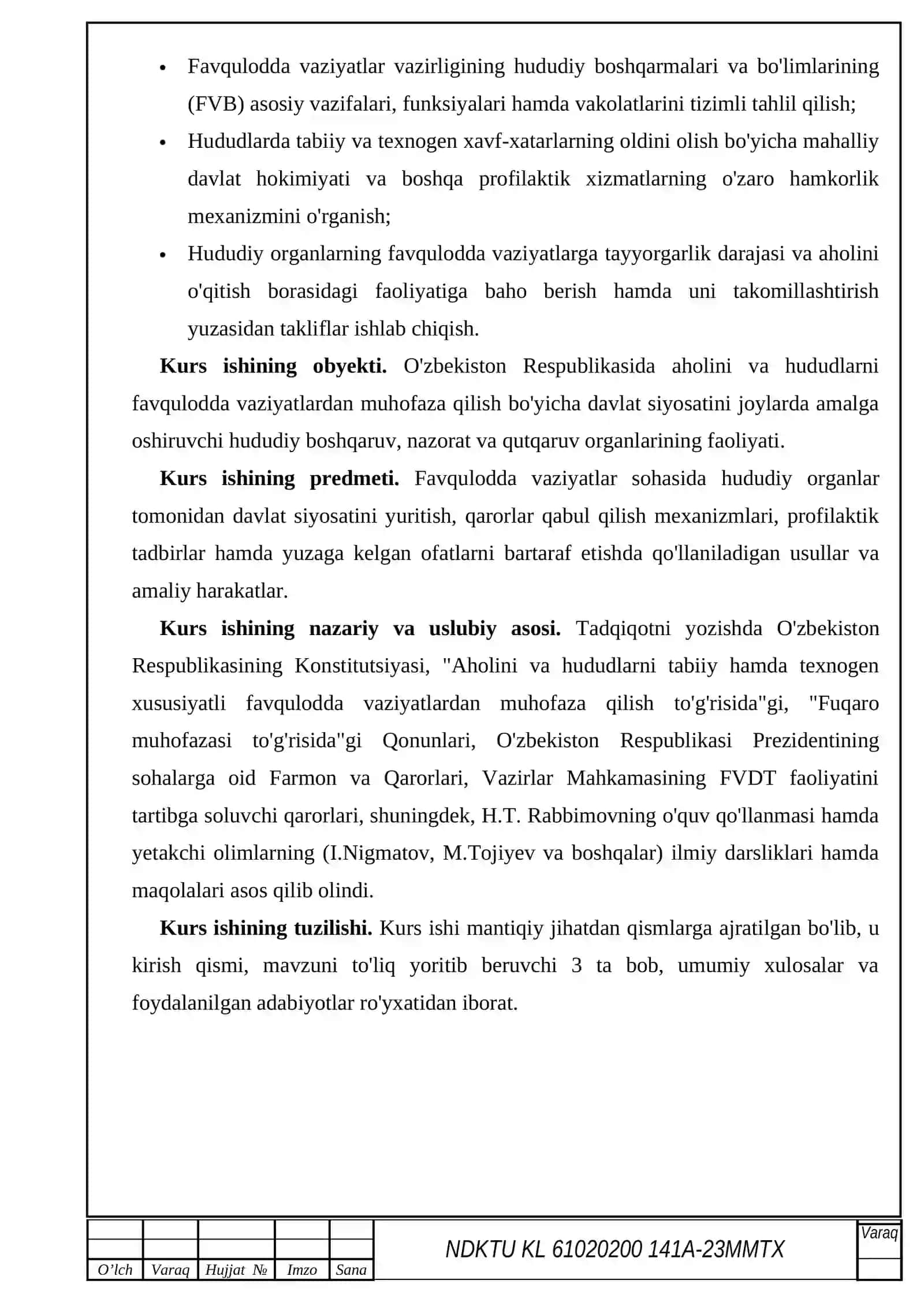 Favqulodda vaziyatlar sohasidagi davlat siyosatining huquqiy meʼyoriy asoslari (KURS ISHI 3-4-5KURS) 3