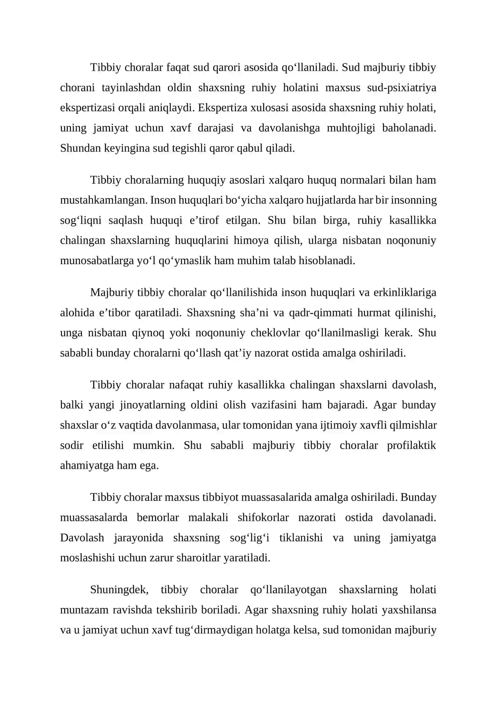 Tibbiy choralarning ijrosi. Majburiy tibbiy choralarning qo’llanilishi. Ularni tayinlash va bekor qilish tartibi 3