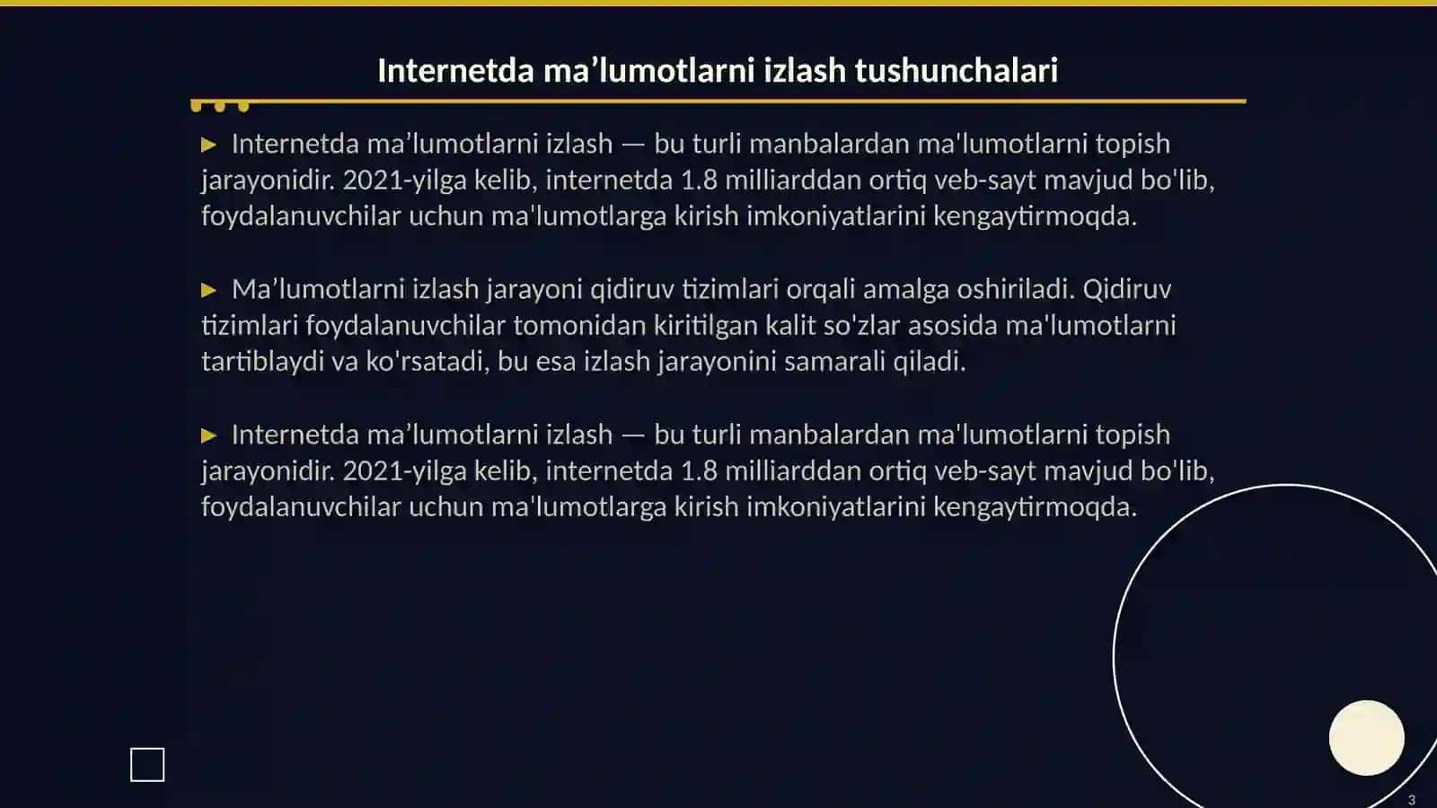 Internetda ma’lumotlarni izlash Darsning texnologik xaritasi 3
