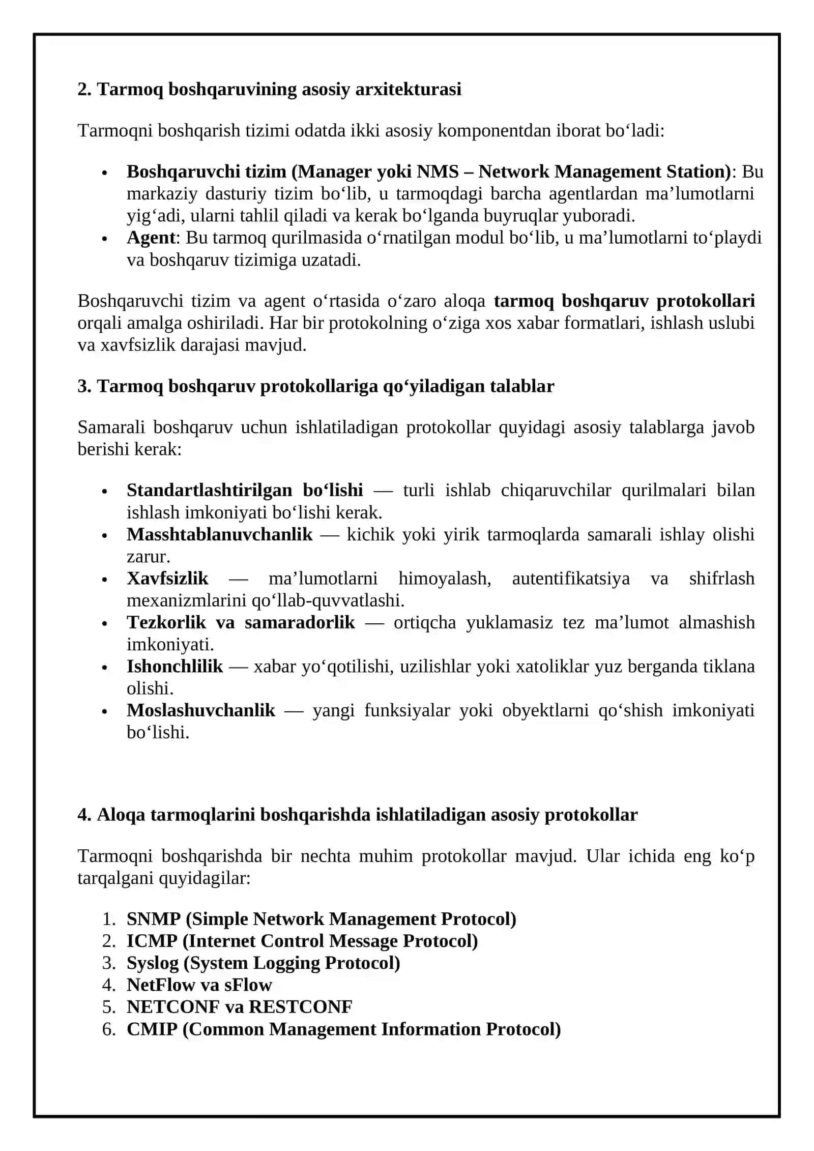 Aloqa tarmoqlarini boshqarish uchun foydalaniladigan asosiy protokollar. 3