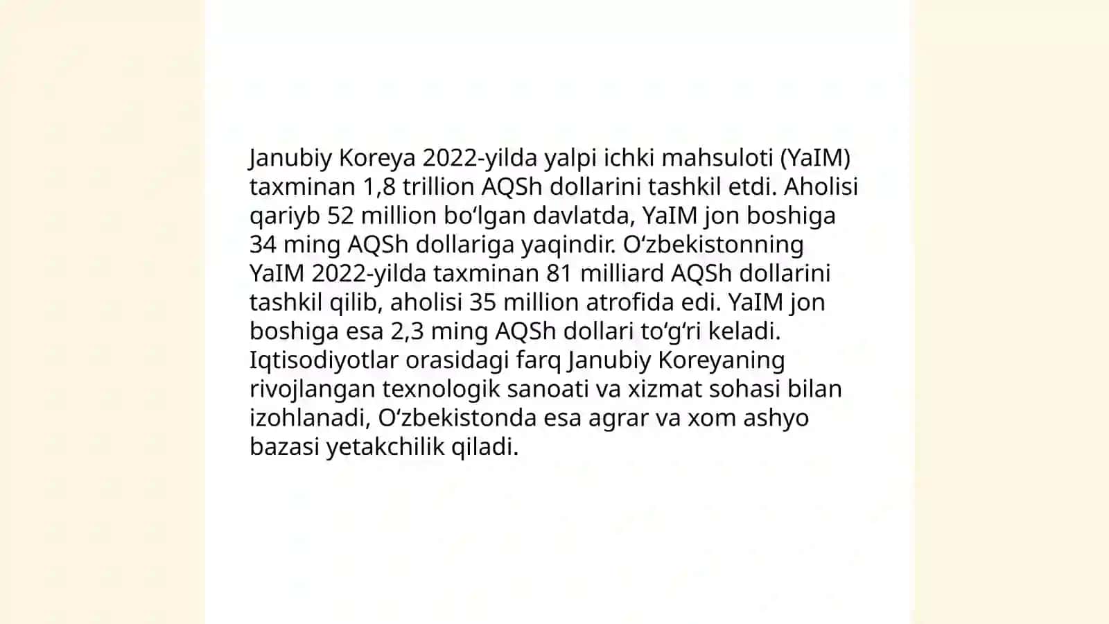 Janubiy Koreyaning moliyaviy tizimi va makroiqtisodiy koʻrsatkichlarini Oʻzbekiston BN taqqoslash 3