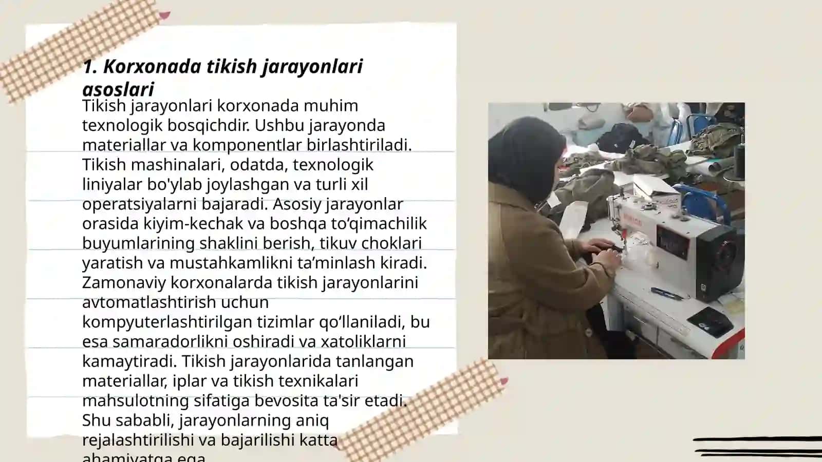 Korxonada tikilayotgan buyumni tikish tartibini tuzish ishlov berish usullari va jihozlari haqida malumot 3