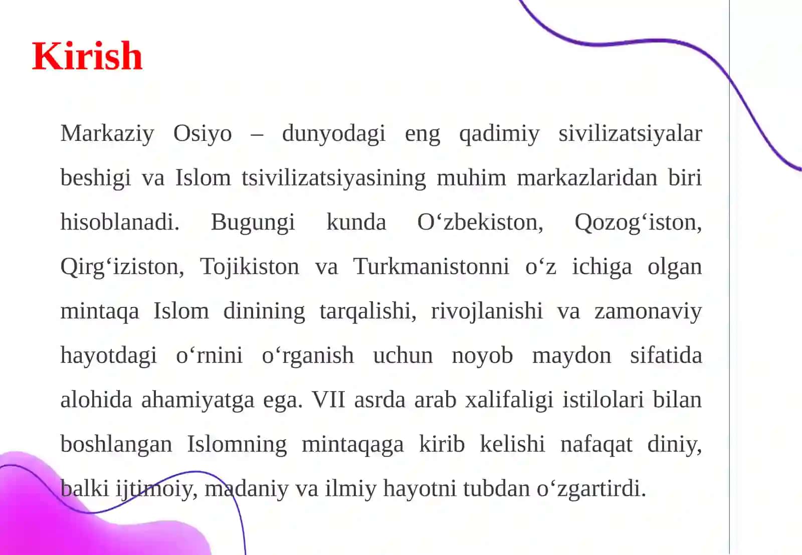 Islomning Markaziy Osiyo mintaqasidagi o‘rni va ahamiyati: tarix va hozirgizamon 3