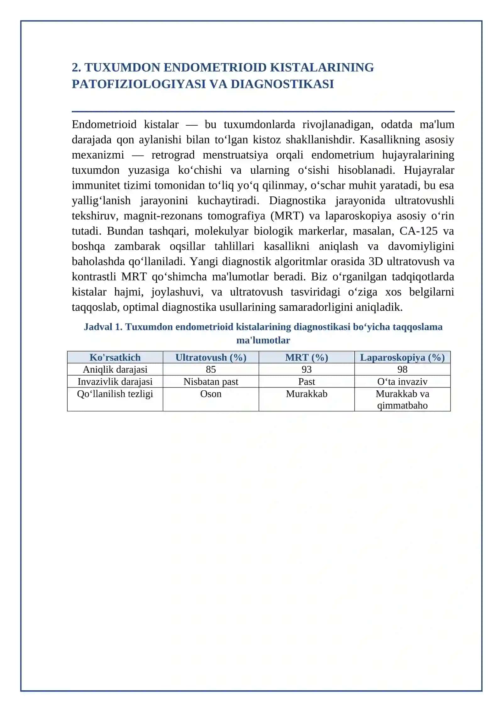 Tuxumdon endometrioid kistalarini davolashning innovatsion usullari 3