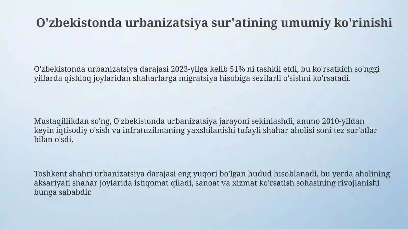 O'zbekistonning va viloyatlar urbanizatsiya darajasini yillar bo‘yicha o‘zgarishi 3