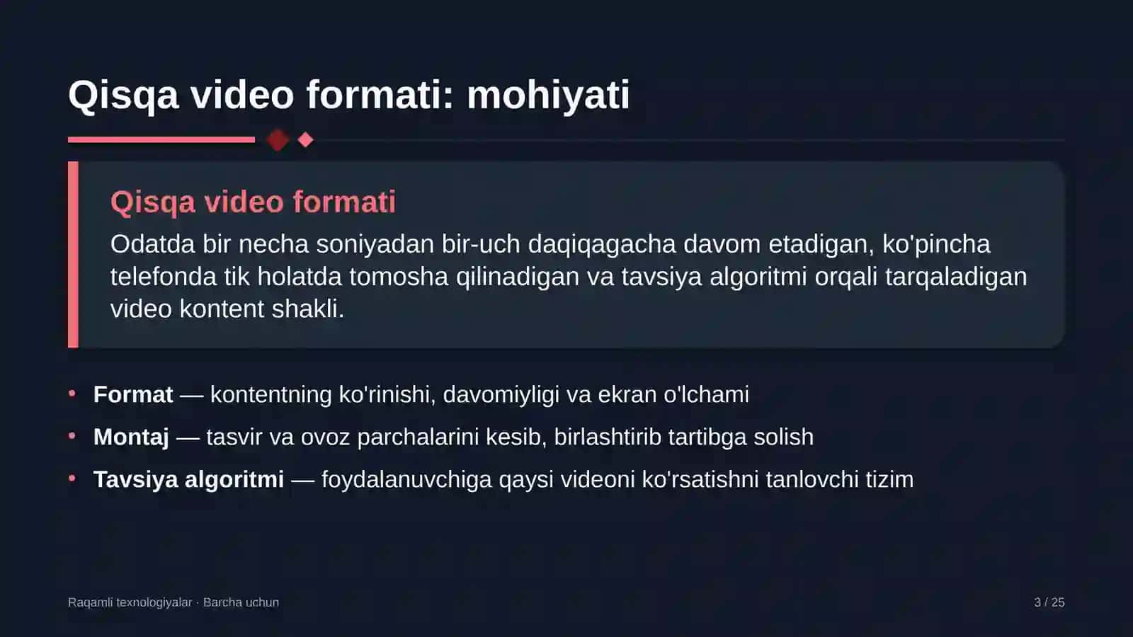 Format — kontentning ko'rinishi, davomiyligi va ekran o'lchami 3