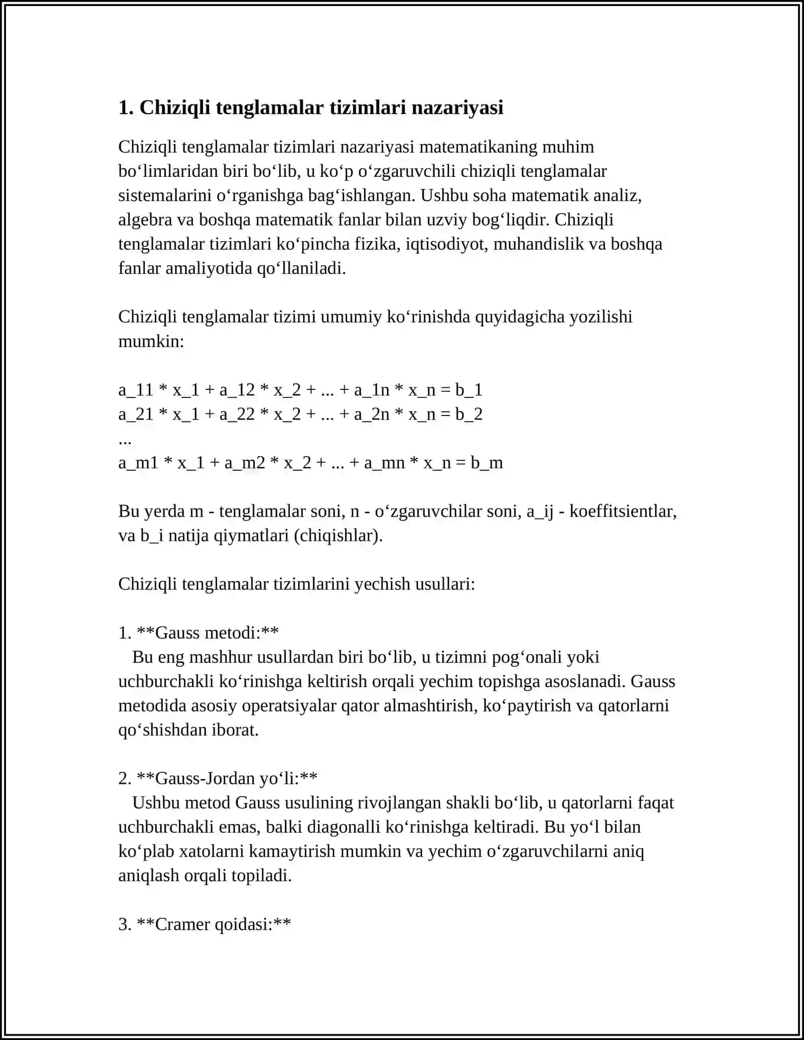 CHIZIQLI TENGLAMALAR SISTEMASINI TEKSHIRISHI. KRONEKER-KAPELLI TEOREMASI. MATRITSALAR ALGEBRA DINING IQTISODIY MASALARNI YECHISH YONALISHI 3