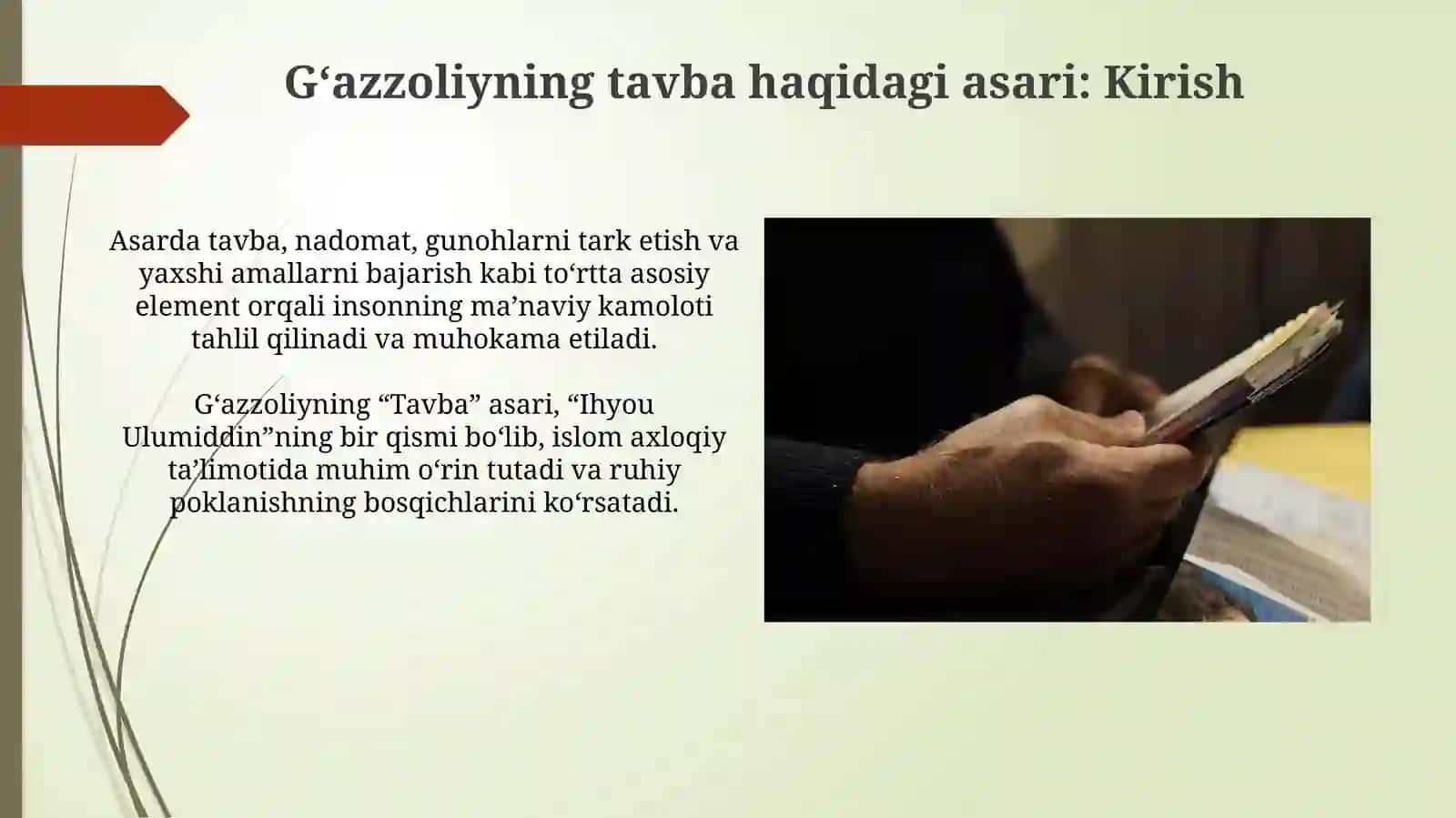 Gʻazaliyning tavba asari asosida Din va axloq asari xaqida esse toyorlash 3