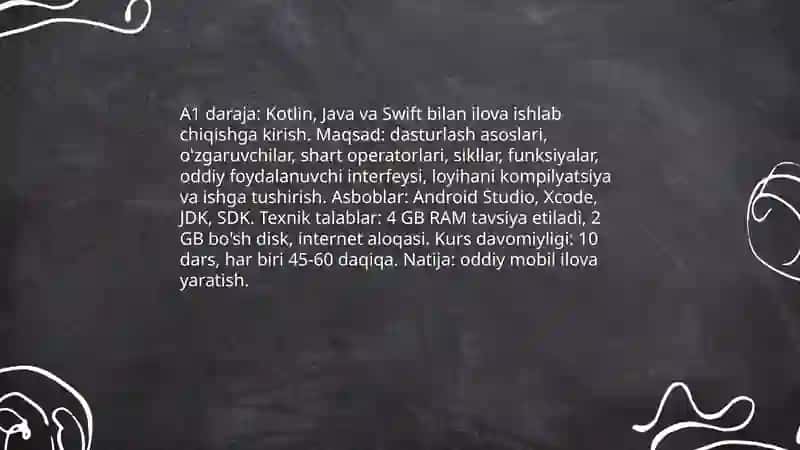 A1 Kotlin, Java Swift dasturlash tililarida ilova ishlab chiqish 3