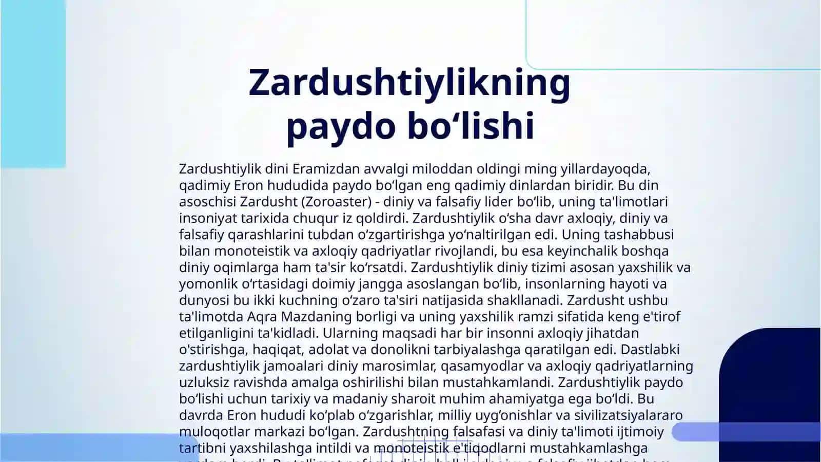 ZARDUSHTIYLIKNING TEOLOGIK TIZIMI VA DINIY MAROSIMLARIMAVZUSIDA TAQDIMOT TAYYORLASH 3