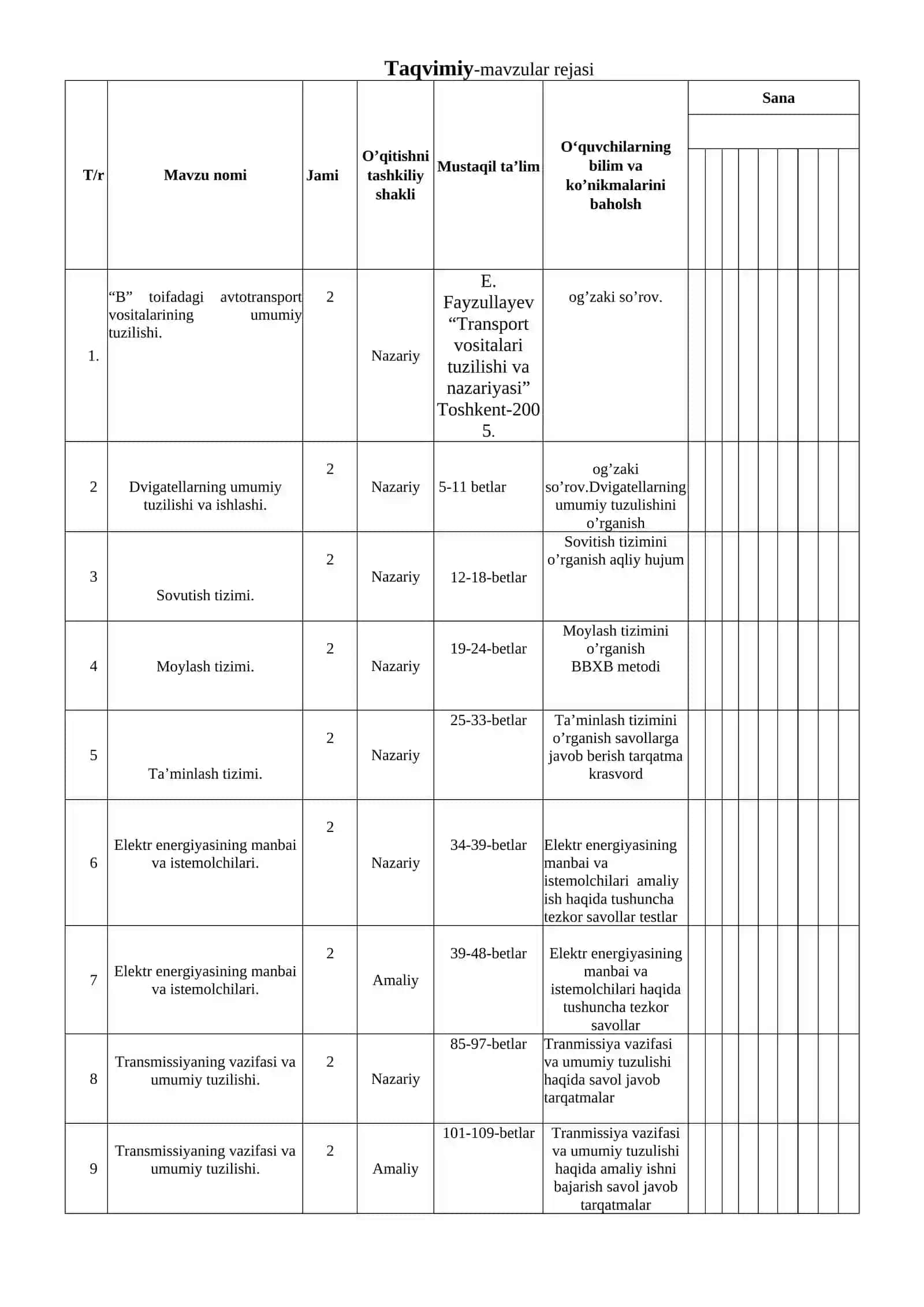 “В” toifadagi avtotransport vositalarining tuzilishi va ularga  texnik xizmat ko’rsatish fanidan O’QITISH MATERIALLARI 3