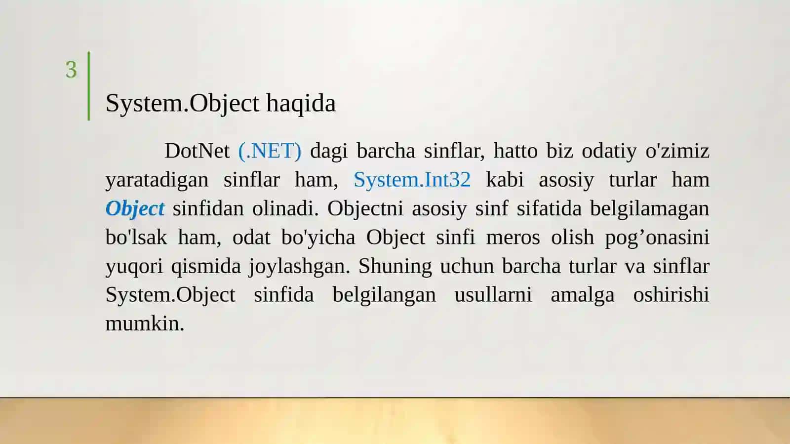 System. Object asosiy tayanch sinfidan hosilaviy sinflarni yaratish va vorislarida metodlarini qayta aniqlash 3