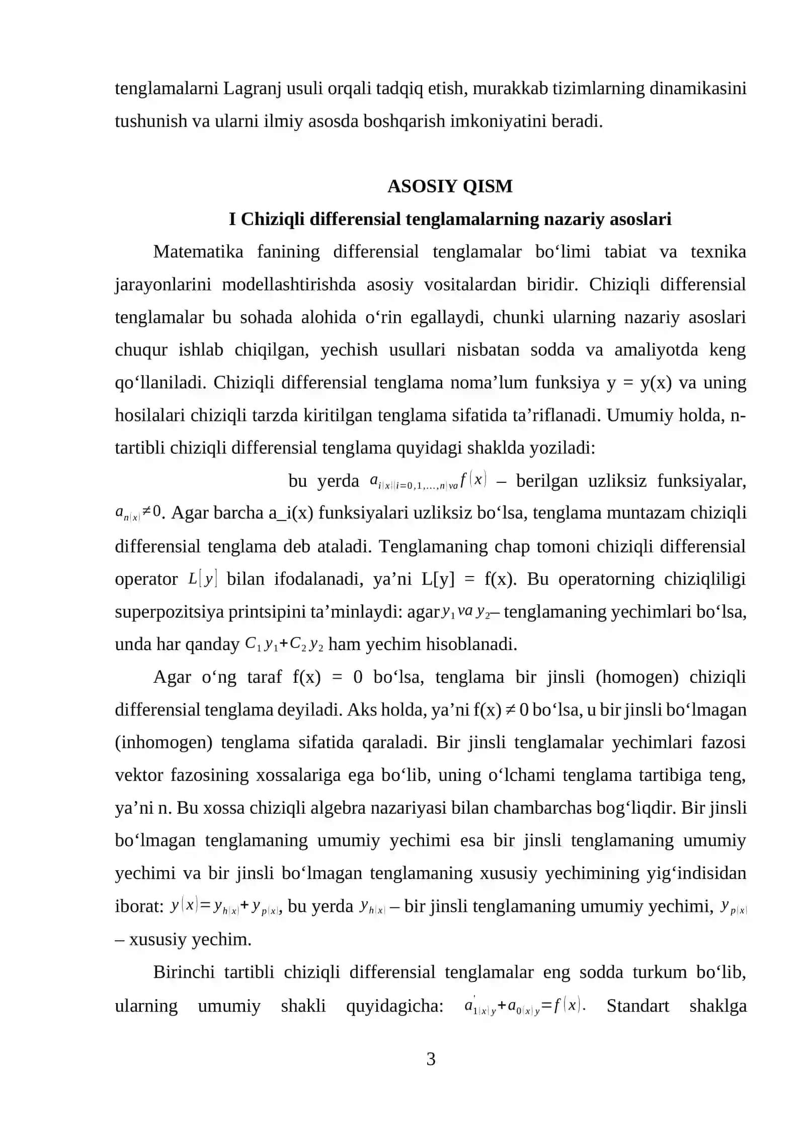 Chiziqli differensial tenglamalar va uni yechishning Lagranj usuli. 3