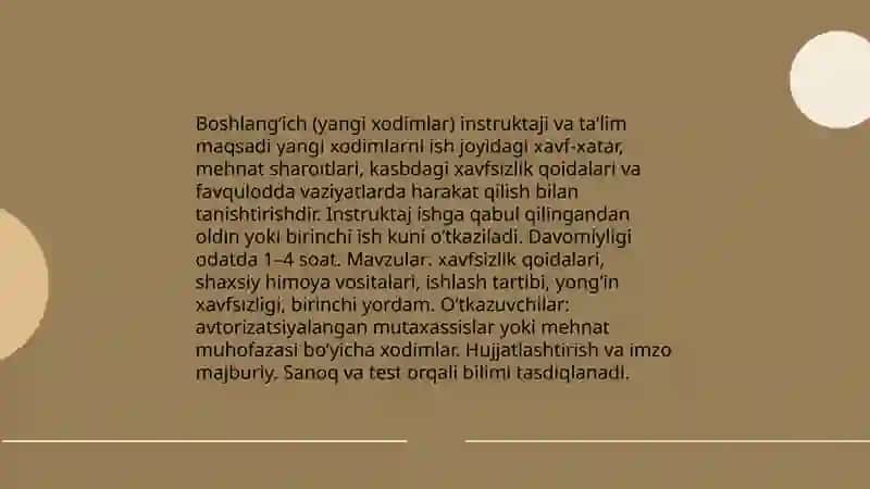 Boshlangʻich (yangi xodimlar) instruktaji va taʼlim 3