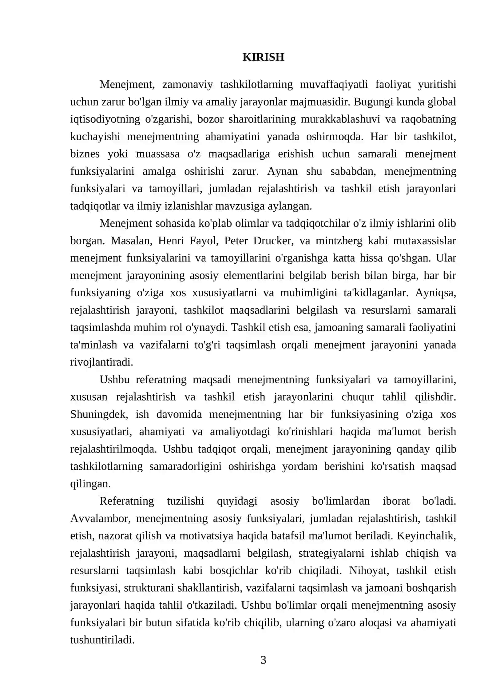 Menejmentning funksiyalari va tamoyillari. Menejmentda rejalashtirish va tashkil etish funksiyalari 3