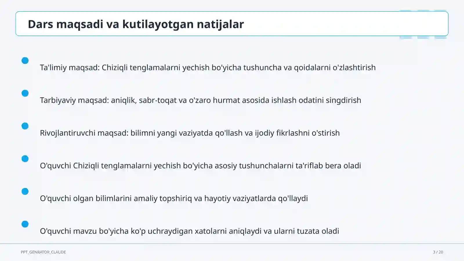 Chiziqli tenglamalarni yechish (6-sinf) Matematika (5–6) — metodik birlashma uchun 3