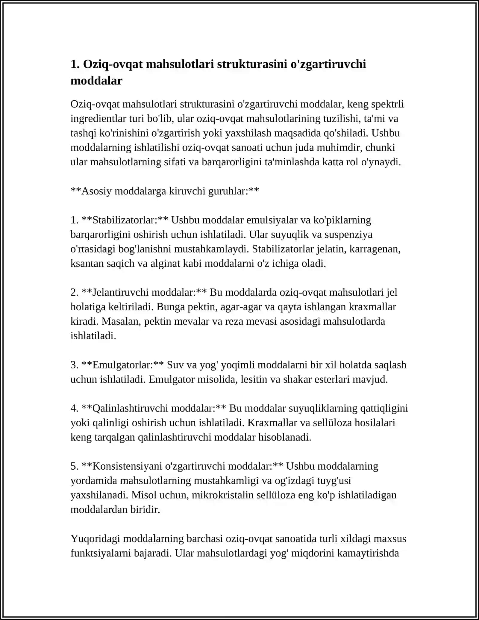 OZIQ OVQAT MAHSULOTLARINI STRUKTURASINI VA FIZIK KIMYOVIY KO'RSATGICHLARNI O'ZGARTIRUVCHI MODDALAR 3