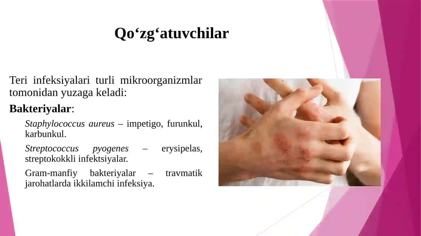 Teri infeksiyalari qo'zg'atuvchilari, patogenez, laboratoriya tashhisi. Siydik-tanosil a'zolarning nospesifik infeksiya qo'zg'atuvchilari patogenez, laboratoriya tashhisi. 3