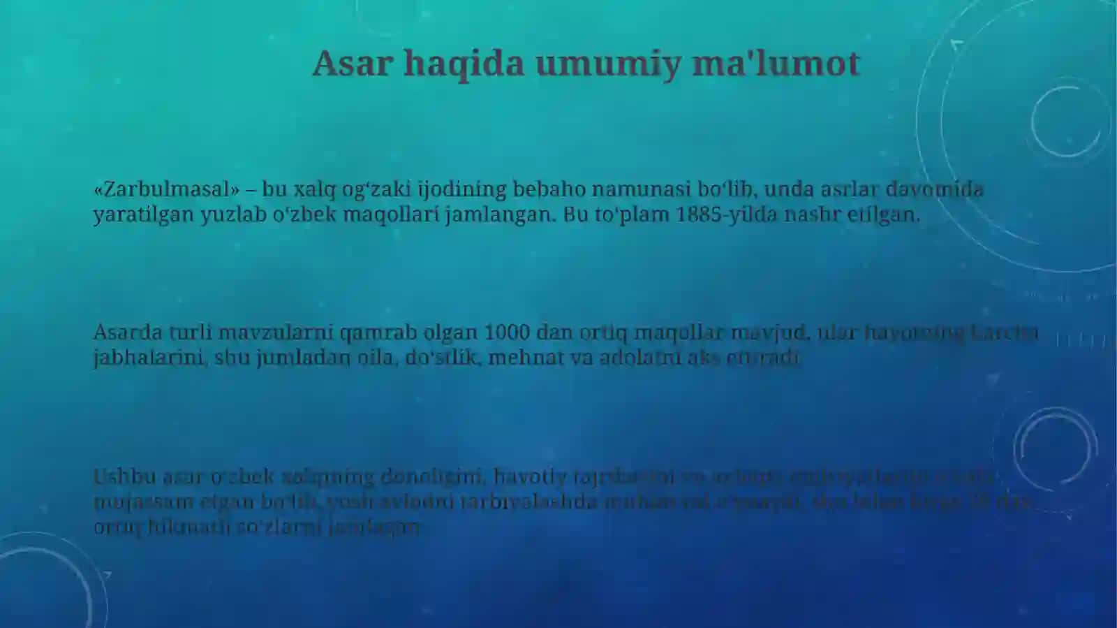 "Zarbulmasal" asaridagi maqollarni to'plash va asardagi oʻrnini aniqlash 3
