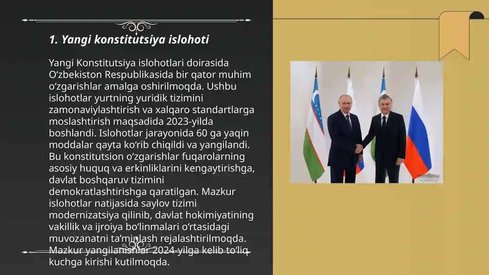 Yangi o'zbekiston prizidenti Sh.M.Mirziyoyev rahbarligi va tashabbusi ostida amalga oshirilayotgan islohotlar 3