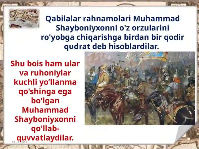 Movarounnahr va Xurosonda shayboniylar hukmronligining o‘rnatilishi. Buxoro xonligining tashkil topishi va siyosiy tarixi. 3