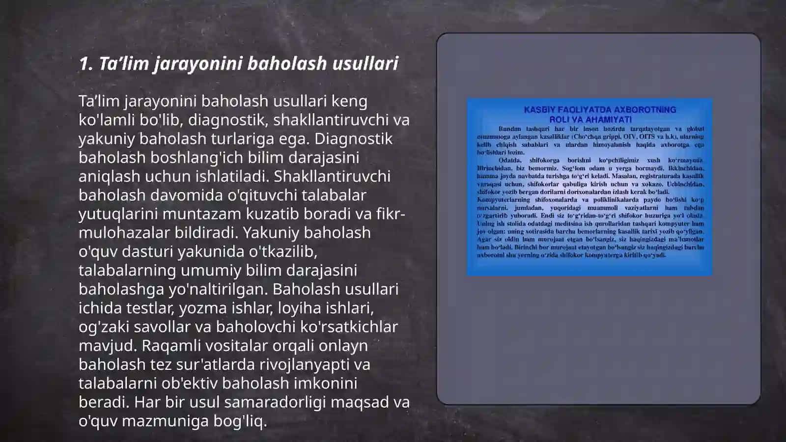 Taʼlim metodlari va vositalari. Taʼlimni tashxis etish Abdumalikova Lobar 3