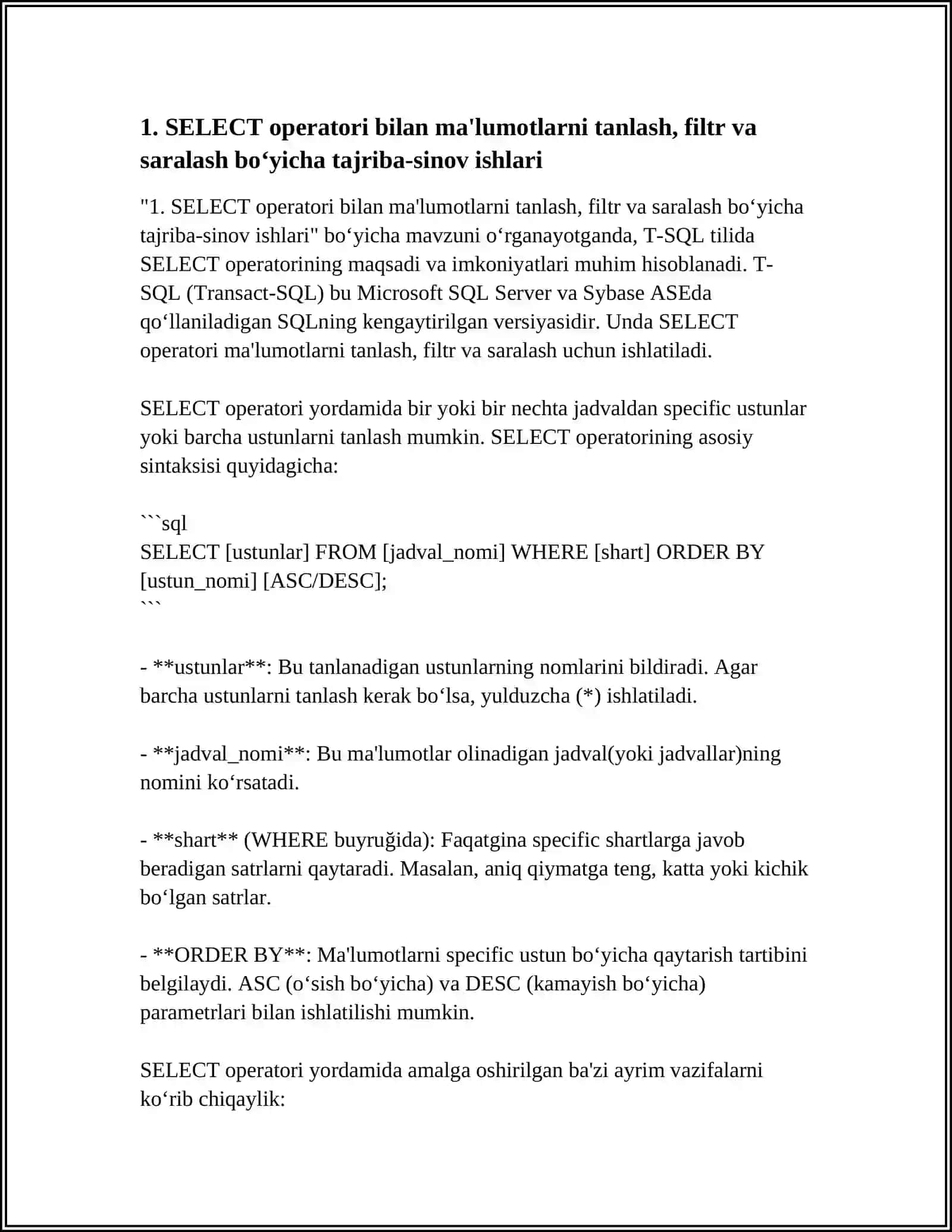 MAVZU T-SQL TILI ASOSIY OPERATORLARI USTIDA TAJRIBA-SINOV ISHLARINI AMALGA OSHIRISH 3