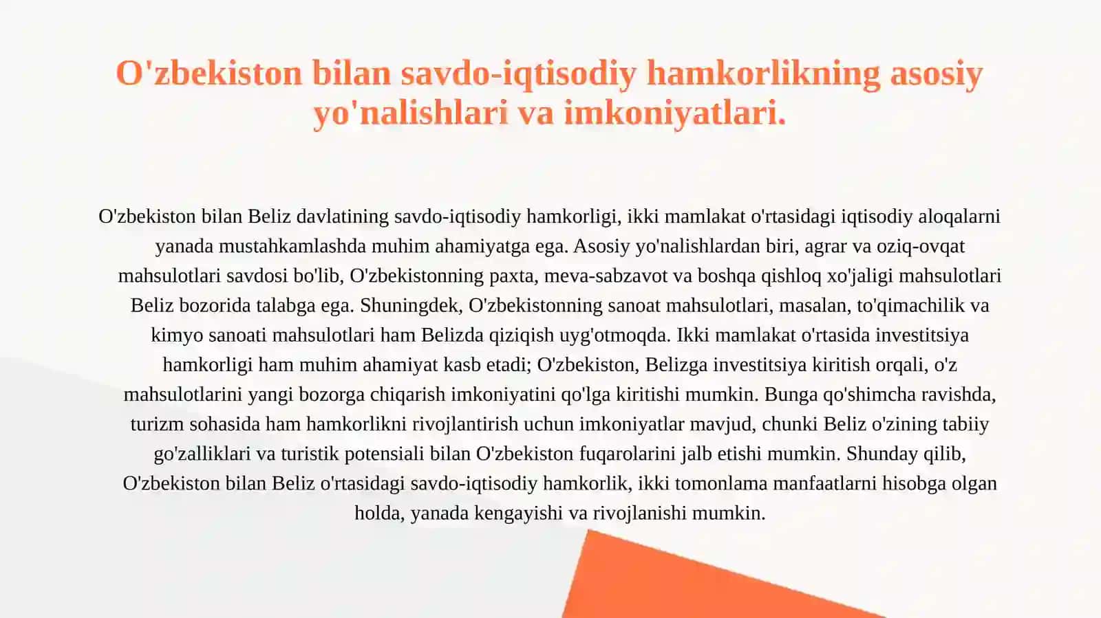 Beliz davlatining tashqi iqtisodiy aloqalarni xalqaro tartibga solish hamda, ishlab chiqarish omillari xalqaro xarakat taxlili. (O'zbekiston bilan aloqalari haqida) 3