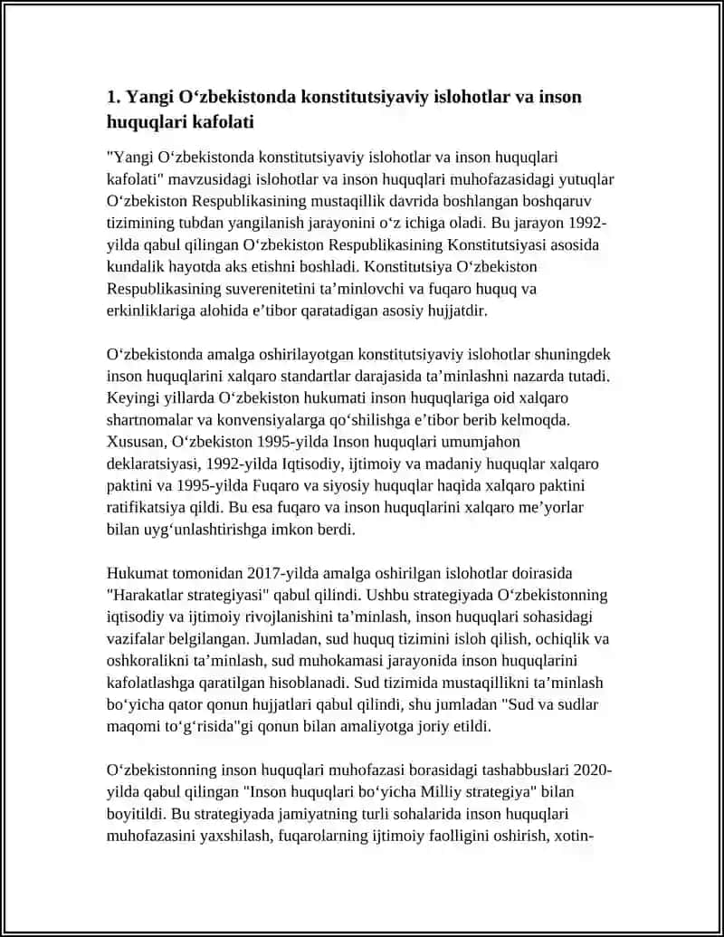YANGI OʻZBEKISTONDA INSON HAQ HUQUQLARI VA ERKINLIKLARI KAFOLATINING YARATILISHI 3