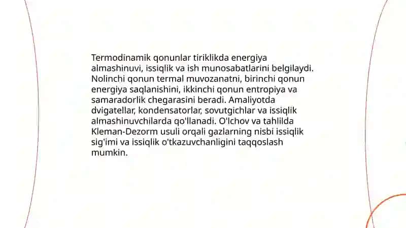 Termodinamik qonunlar va ularni tiriklikda tadbiqini o'rganish. Kleman dezorm usulida solishtirma issiqlik sigimini nisbatini aniqlash 3