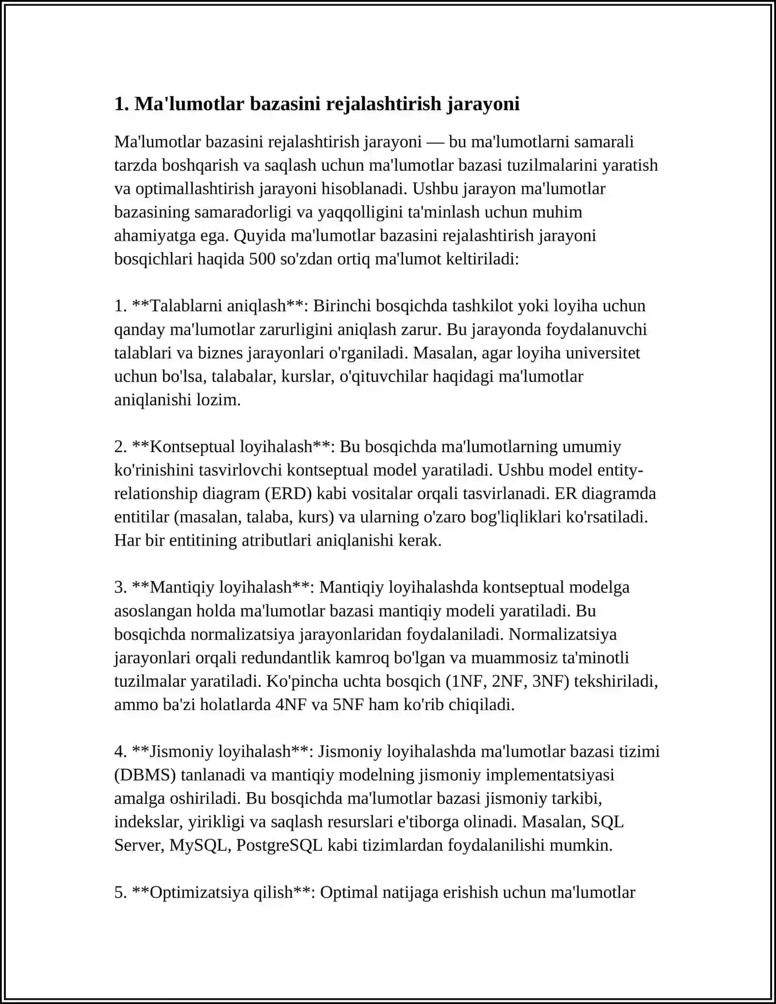 MAʼLUMOTLAR BAZASINI REJALASHTIRISH, LOYIHALASH VA ADMINISTRATORLASH MAVZUSIGA MUSTAQIL ISH 8 VAROQ REJASI 3