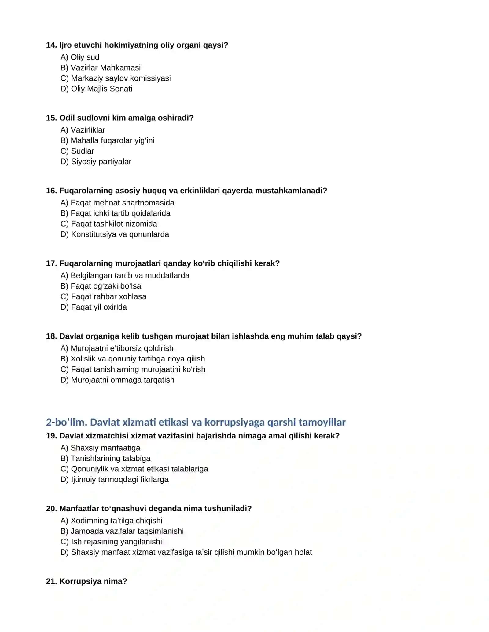 Davlat ishlariga kirish uchun testlar 3