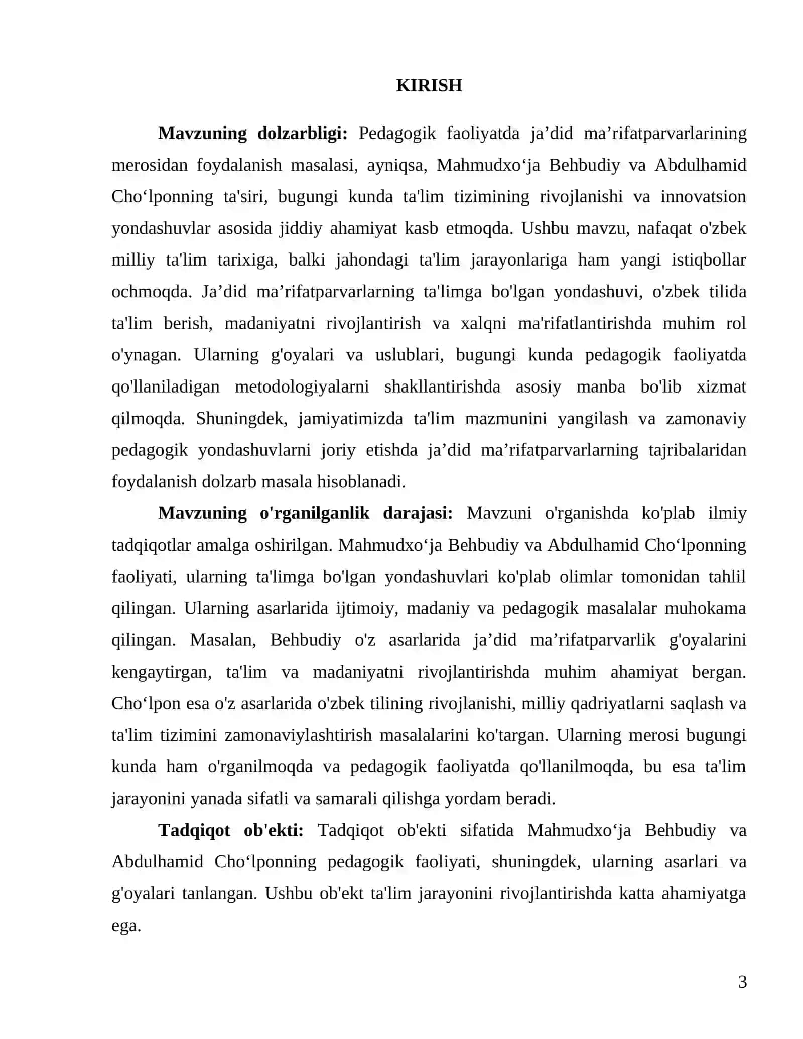 "Pedagogik faoliyatda jaʼdid maʼrifatparvarlarining merosidan foydalanish. Mahmudxoʻja Behbudiy va Abdulhamid Choʻlpon" 3