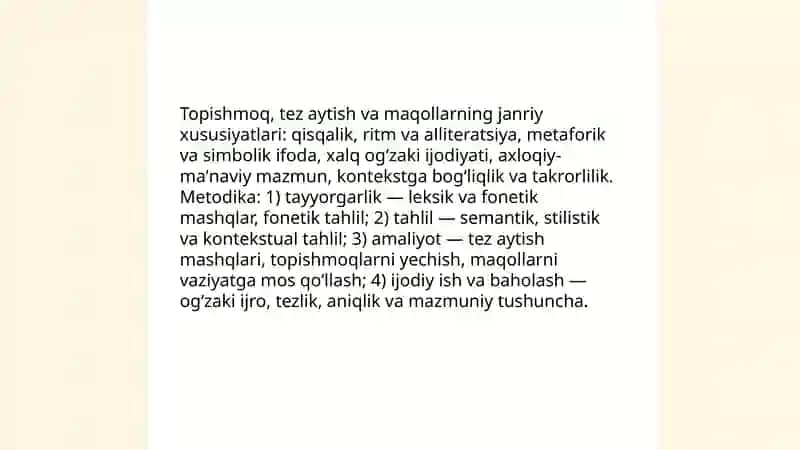 Topishmoq tez aytish maqol janiridagi asarlarni oʻqish metodikasi 3